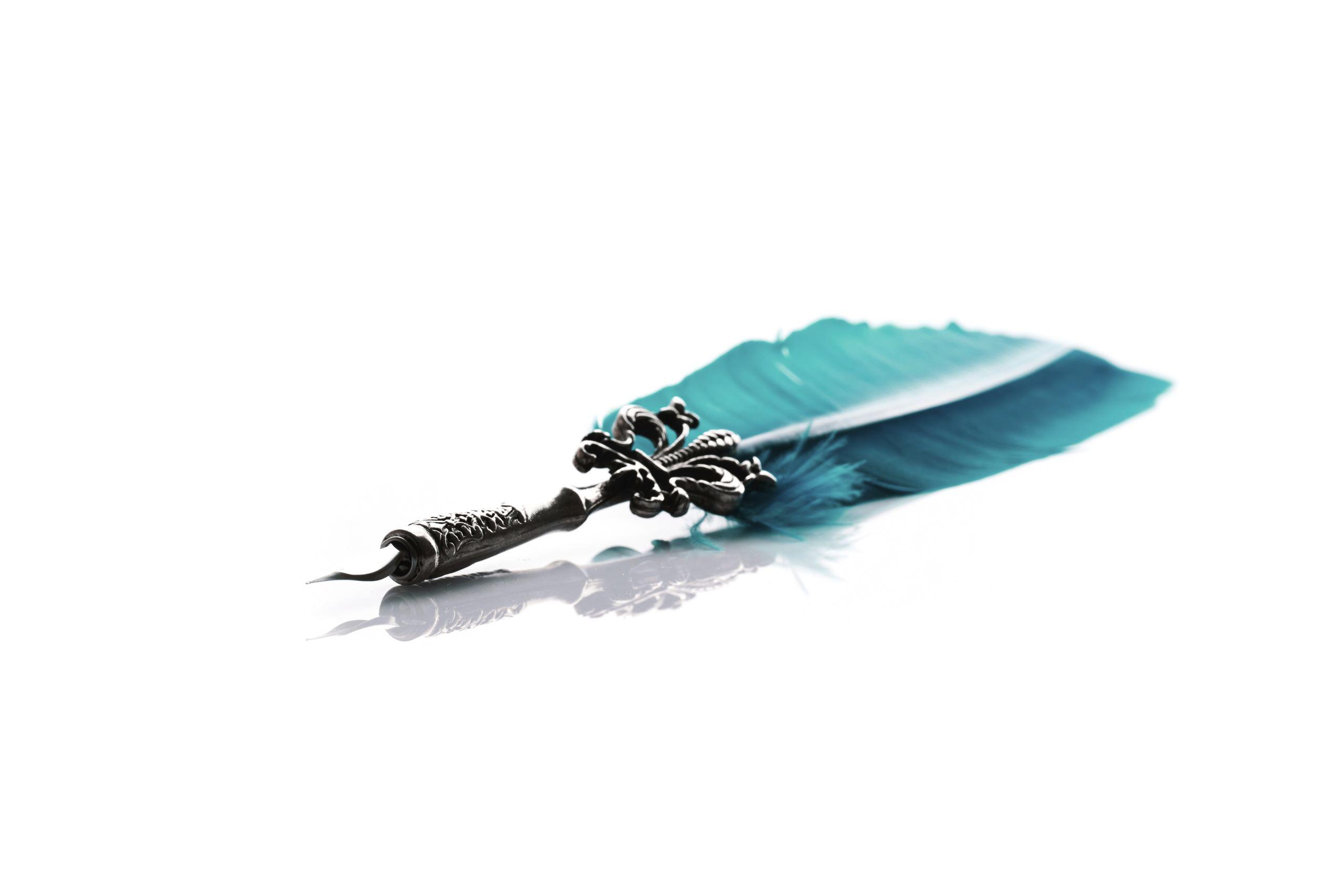A decorative quill pen features a bright teal feather as its top.