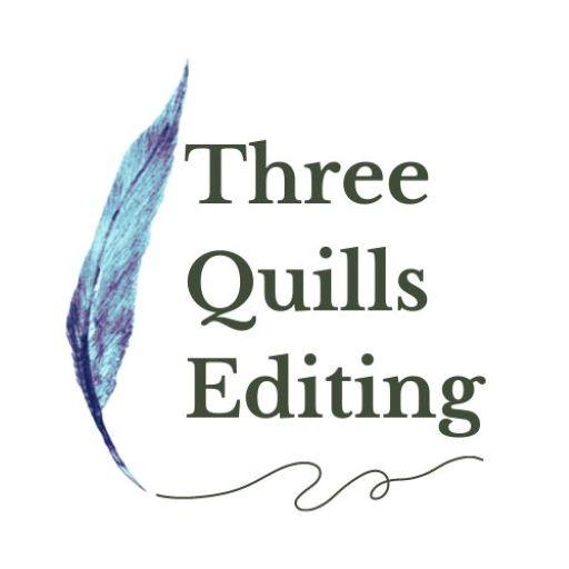 A logo featuring an illustrated feather the words "Three Quills Editing" to the right of a feather quill in blue and a line of swirled ink.
