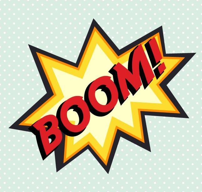 The word "BOOM!" (all caps) in red letters is backed by a yellow, comic-book style exclamation bubble.